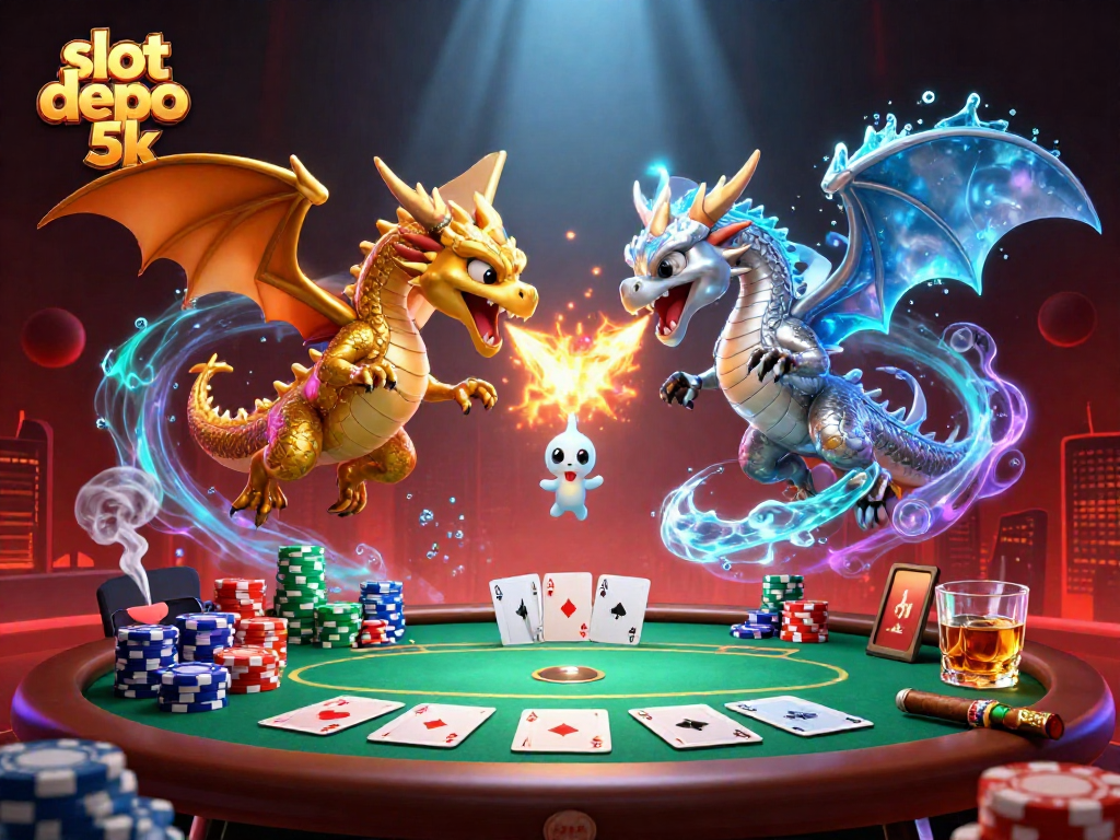 Experience thrilling gameplay with slot depo 5k, featuring gold and silver dragons in a vibrant casino scene.