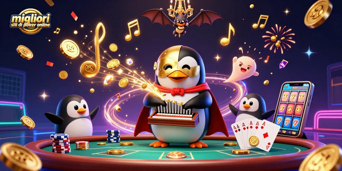 Scopri i migliori siti di poker online con un pinguino fantasma che gioca al tavolo di poker circondato da monete dorate e note musicali.