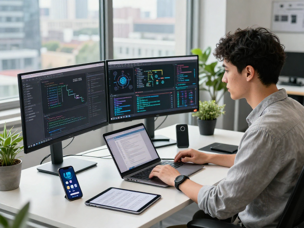 Developer focused on AI algorithms in a modern workspace, showcasing the theme 'crush on ai'.