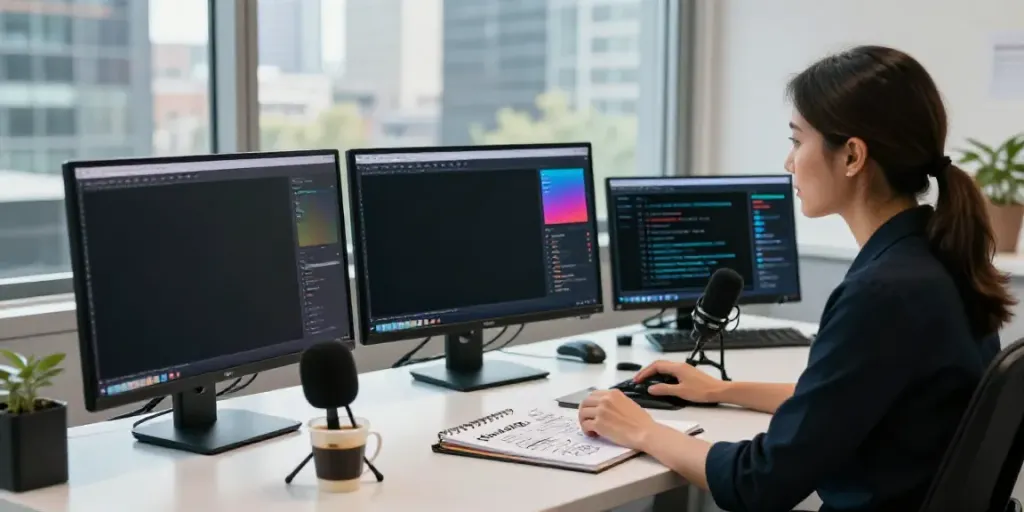 Journalist analyzing AI tools for news articles in a modern newsroom
