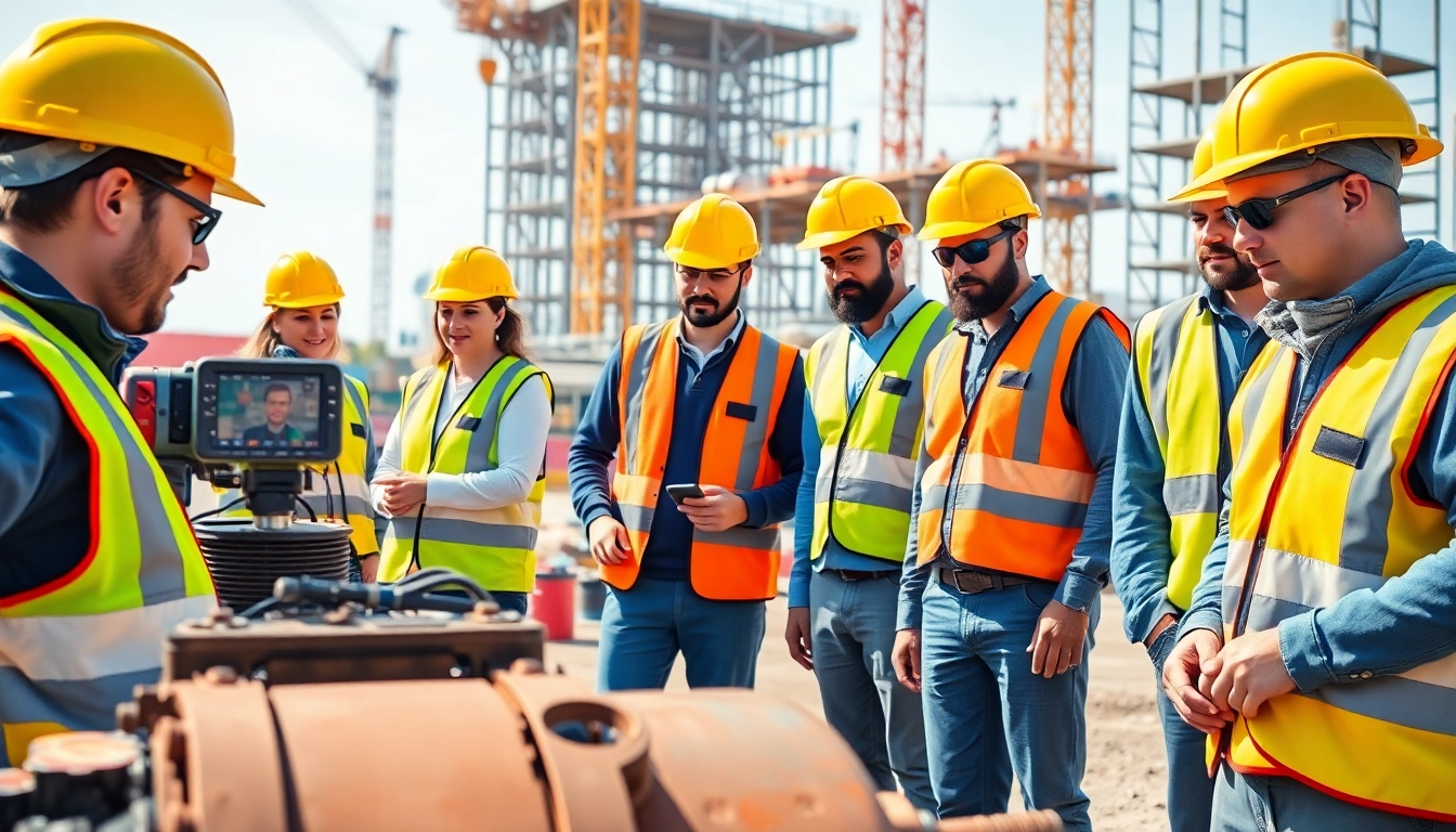 Showcasing construction site safety practices with diverse workers actively engaged on-site.