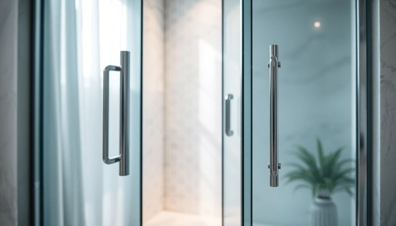 Showcasing sliding shower doors in a modern bathroom, featuring elegant design and natural light.