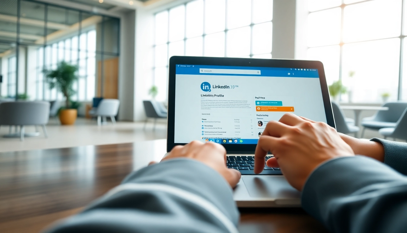 Extract emails from linkedin profiles while using a laptop in a bright office setting.