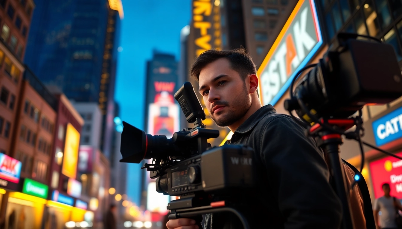 Film Maker focused on capturing creativity with professional photography equipment in an urban setting.