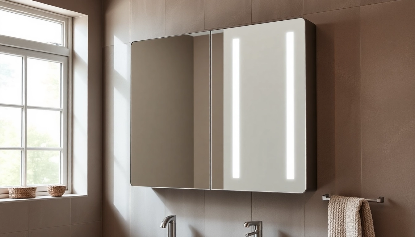 Showcasing a mirrored bathroom cabinet with light, featuring sleek design and integrated LEDs for modern elegance.