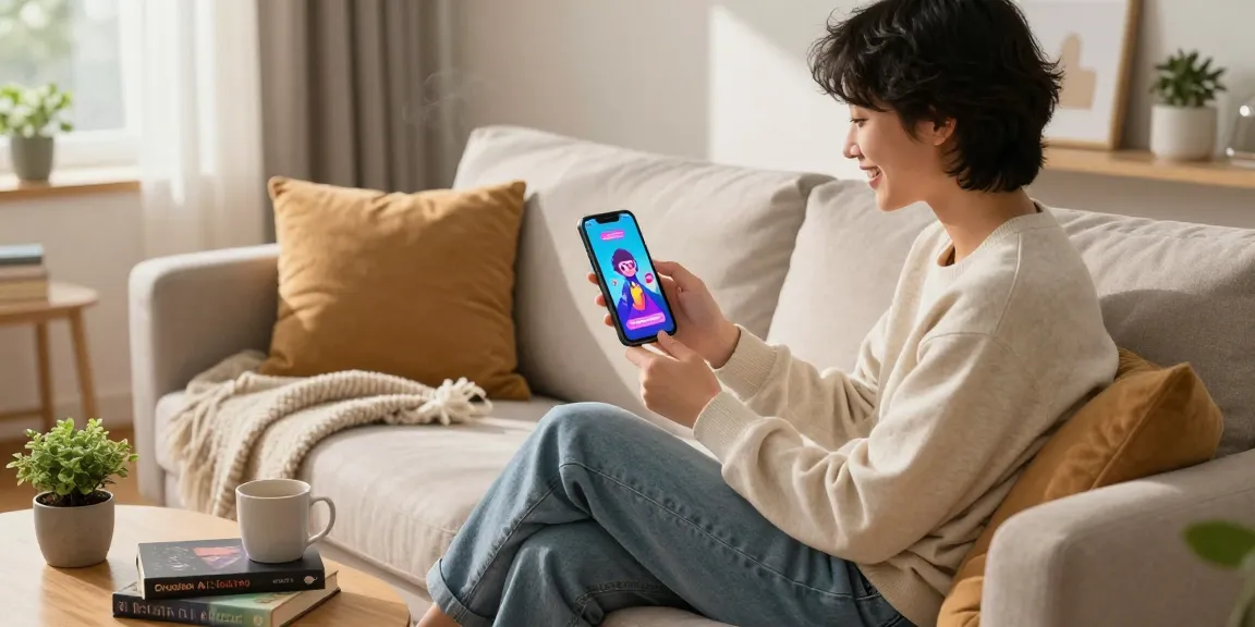 User enjoying interactive chat with Crushon AI on smartphone in cozy living room, showcasing vibrant character illustrations.