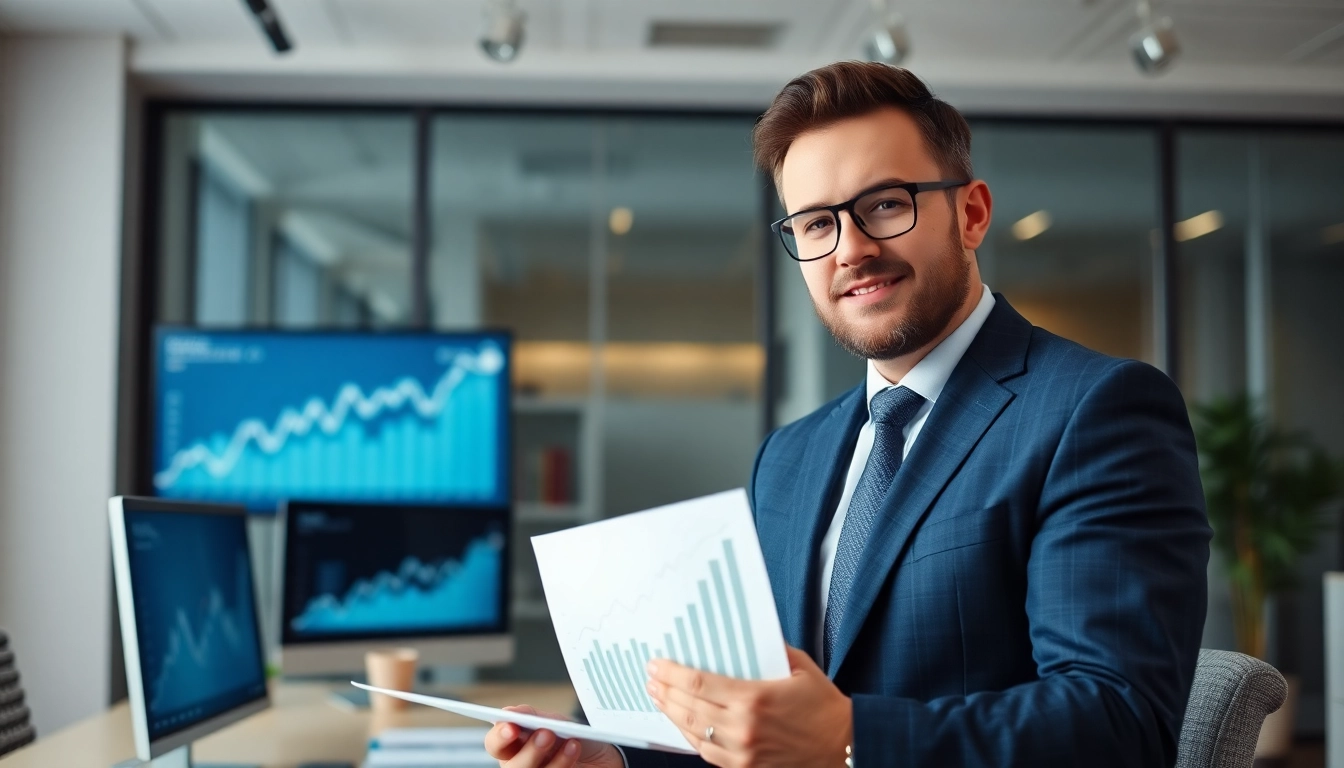 Real Estate Finance advisor presenting insights in a modern office with digital displays.