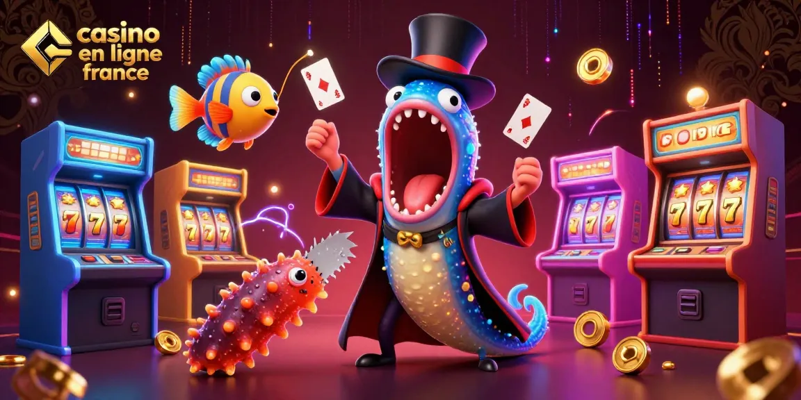 Visitez casino en ligne France pour voir une illustration animée colorée avec une anguille transformiste et des machines à sous.