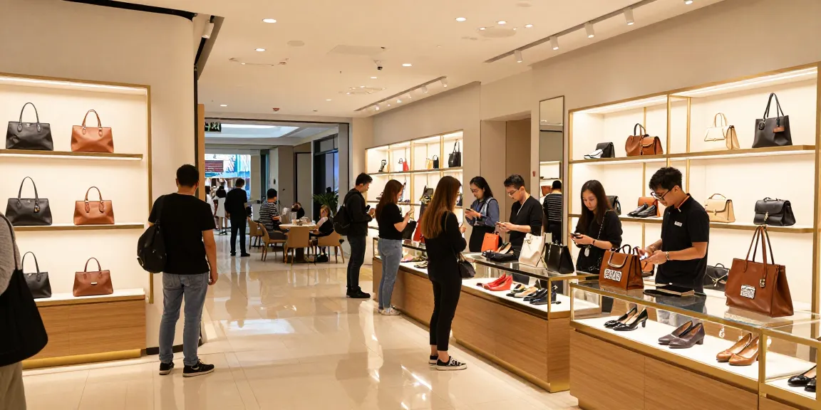 Shopping at a stylish 레플리카 쇼핑몰 featuring high-quality replica fashion items with diverse customers engaging.