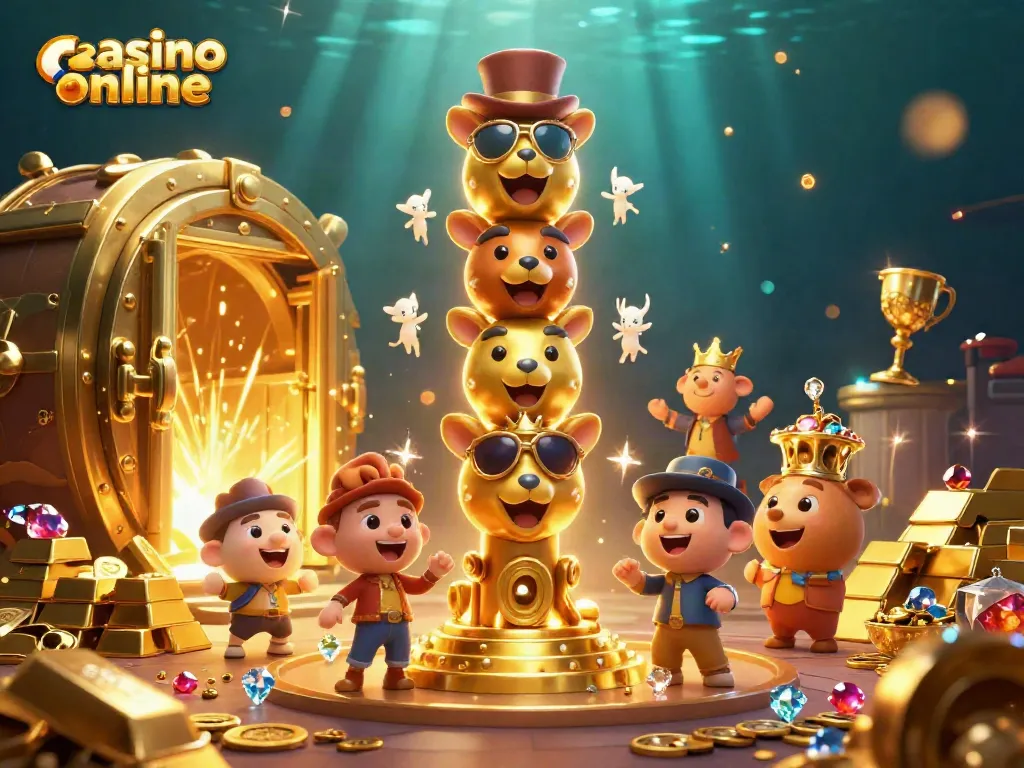 Disfruta de juegos en un casino online con un tótem de animales y tesoros brillantes.