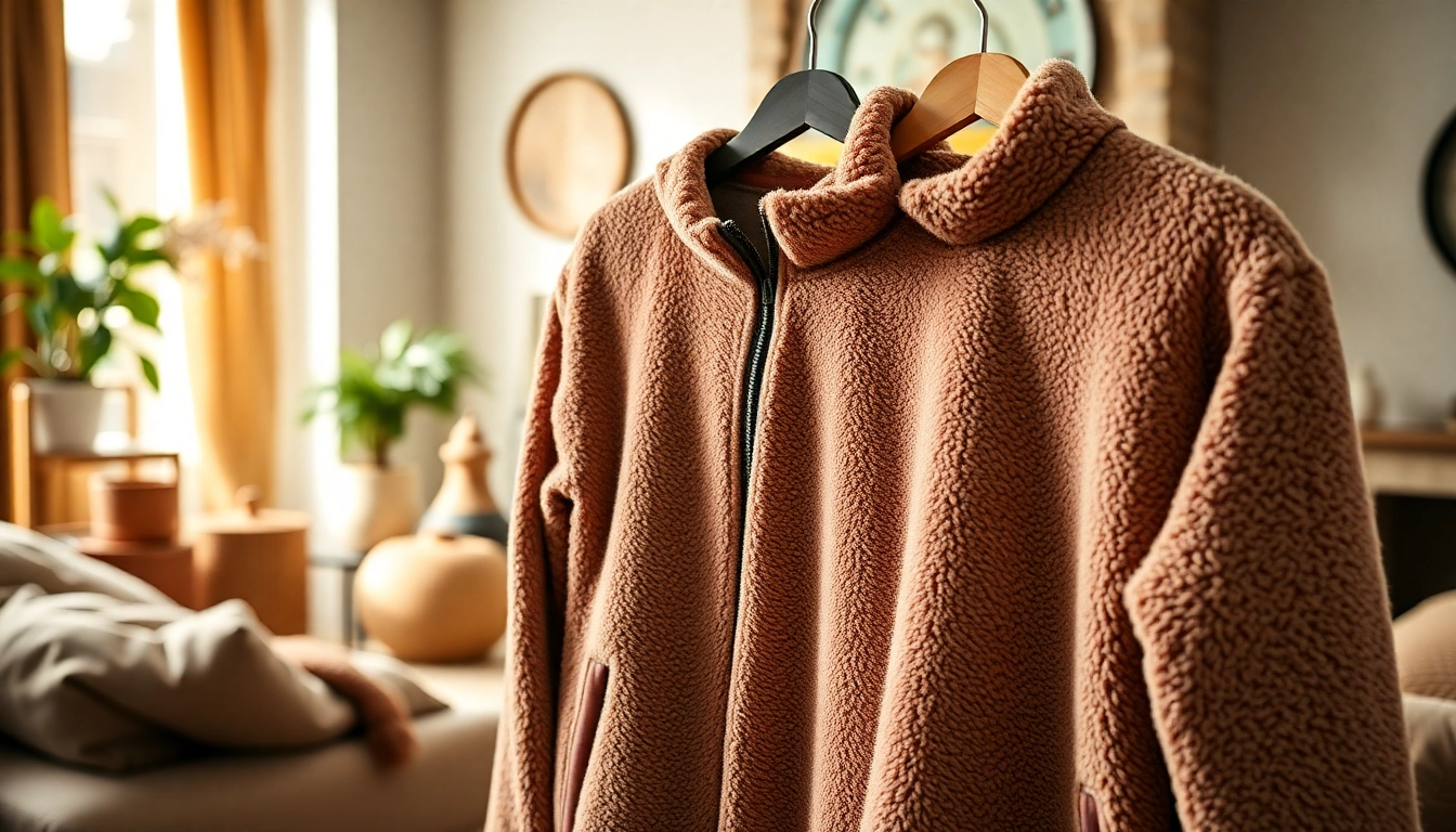 Fleece kledingstuk in een gezellige woonkamer met zachte texturen en warme verlichting.