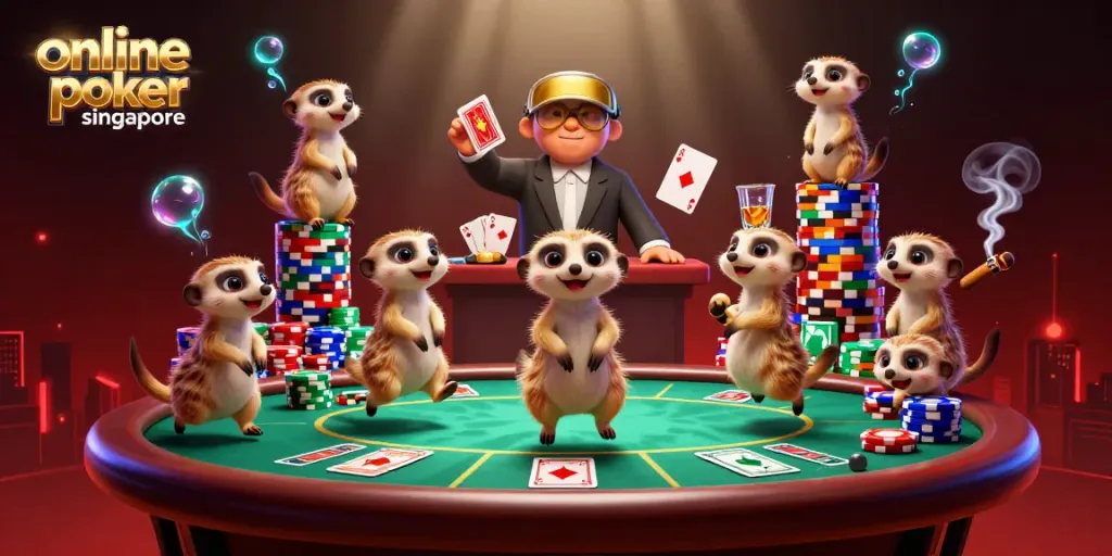 Experience online poker Singapore with meerkats at a lively casino, showcasing a vibrant poker scene.