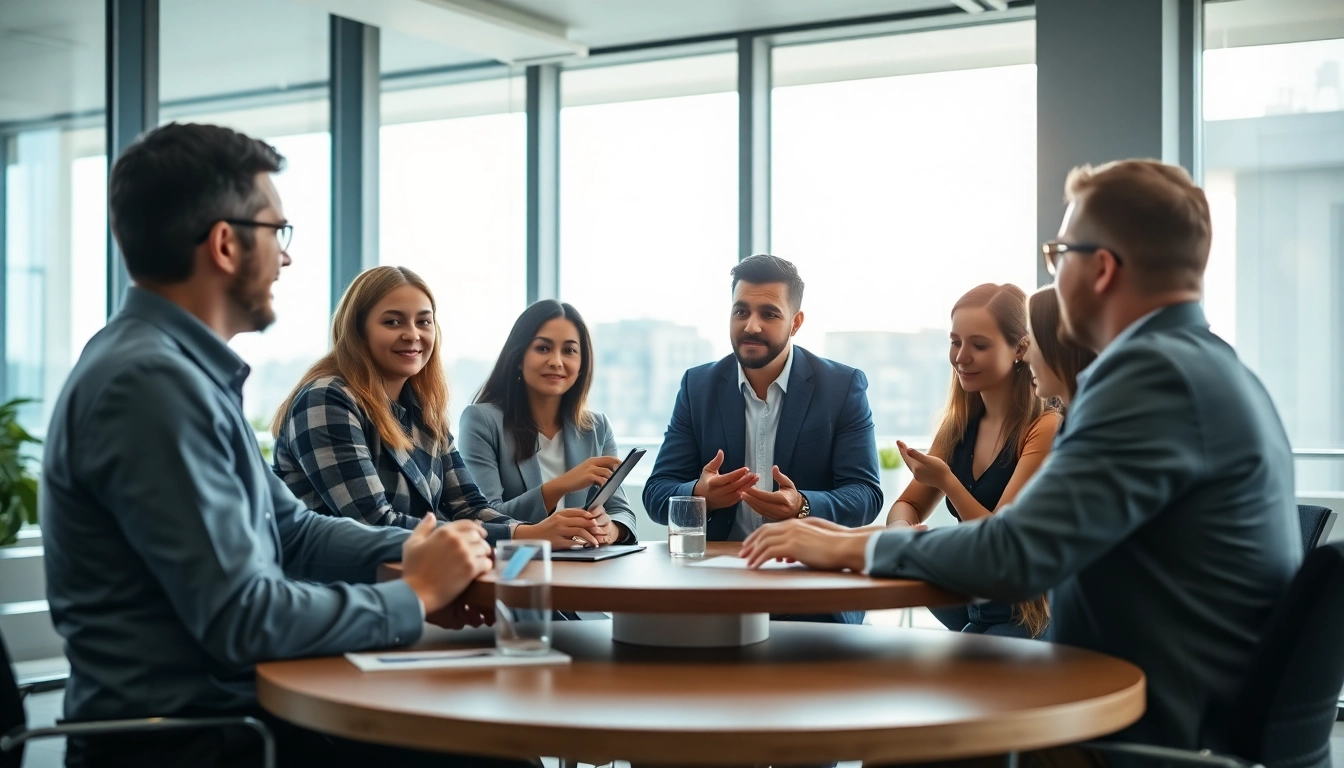 Discussing founder leadership insights with a diverse team in a bright office setting.