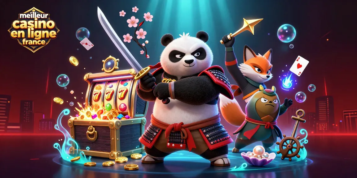 Illustration dynamique mettant en avant le meilleur casino en ligne France, avec un panda samouraï et des éléments de jeux.