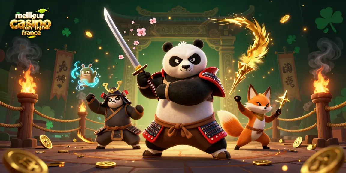 Image illustrant le meilleur casino en ligne en France avec un panda samouraï et un renard ninja.
