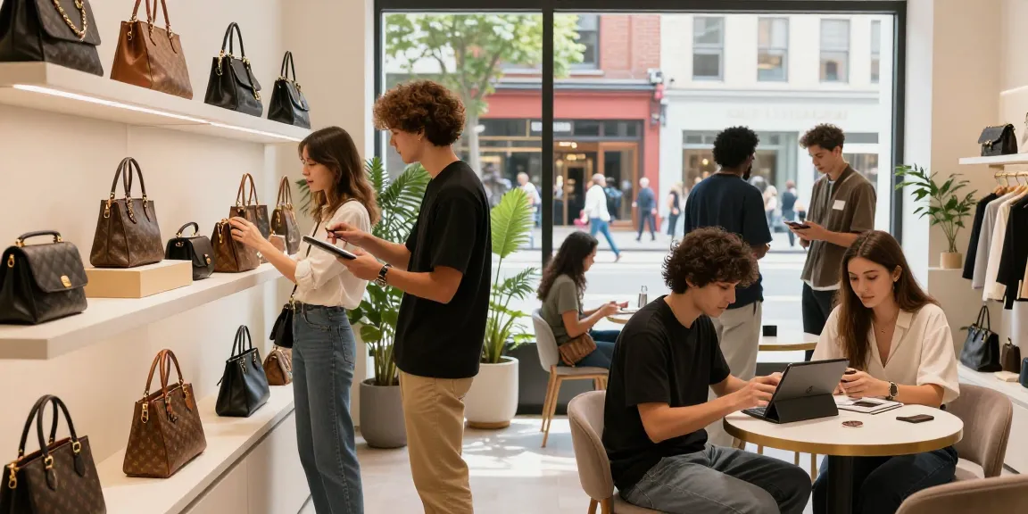 Stylish urban shopping scene at a 레플리카 사이트, featuring young adults browsing high-quality replica items with a trendy atmosphere.