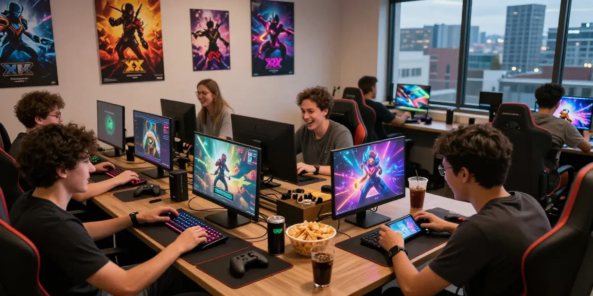 Friends enjoying xxx games in a vibrant gaming lounge with laptops and snacks.