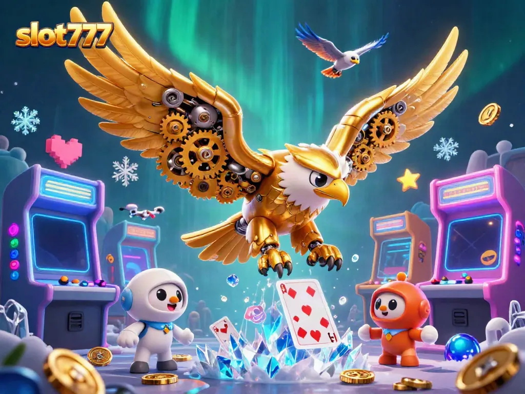 Menangkan jackpot dengan slot777, ilustrasi bergambar seekor elang emas cybernetic dan mesin slot berwarna-warni.
