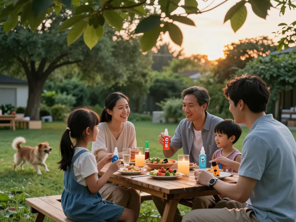 Family enjoying outdoor barbecue with mosquito repellent for comfort and protection.