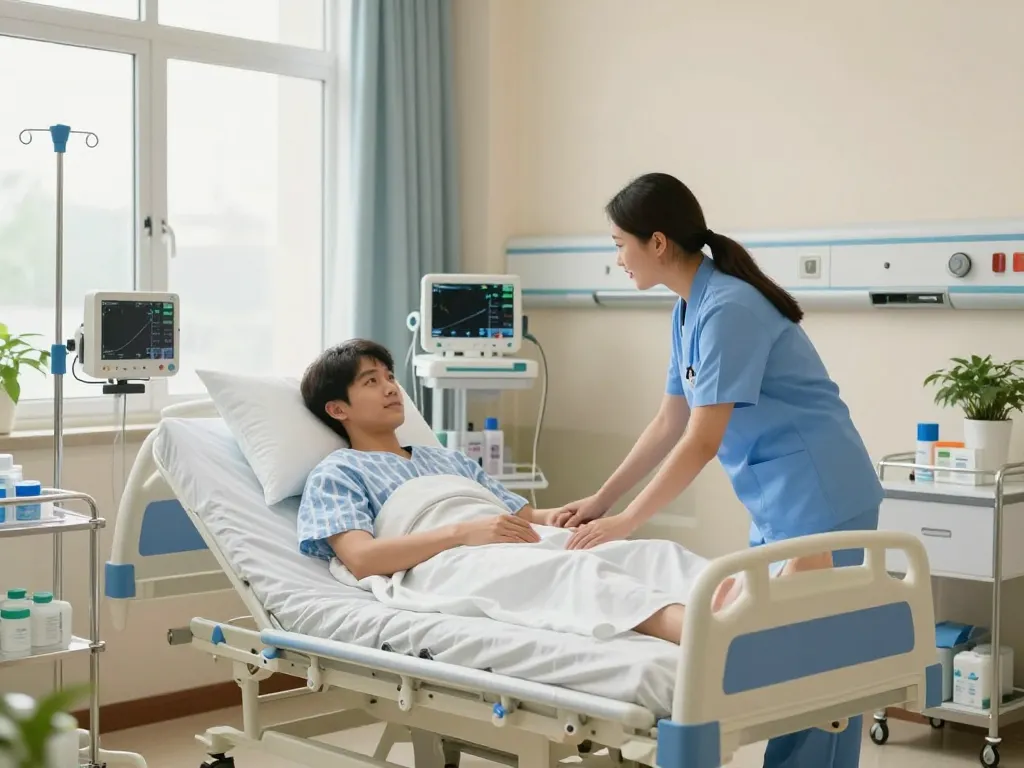 Comfortable giường bệnh nhân in a hospital room with medical equipment and a caring nurse enhancing patient care.