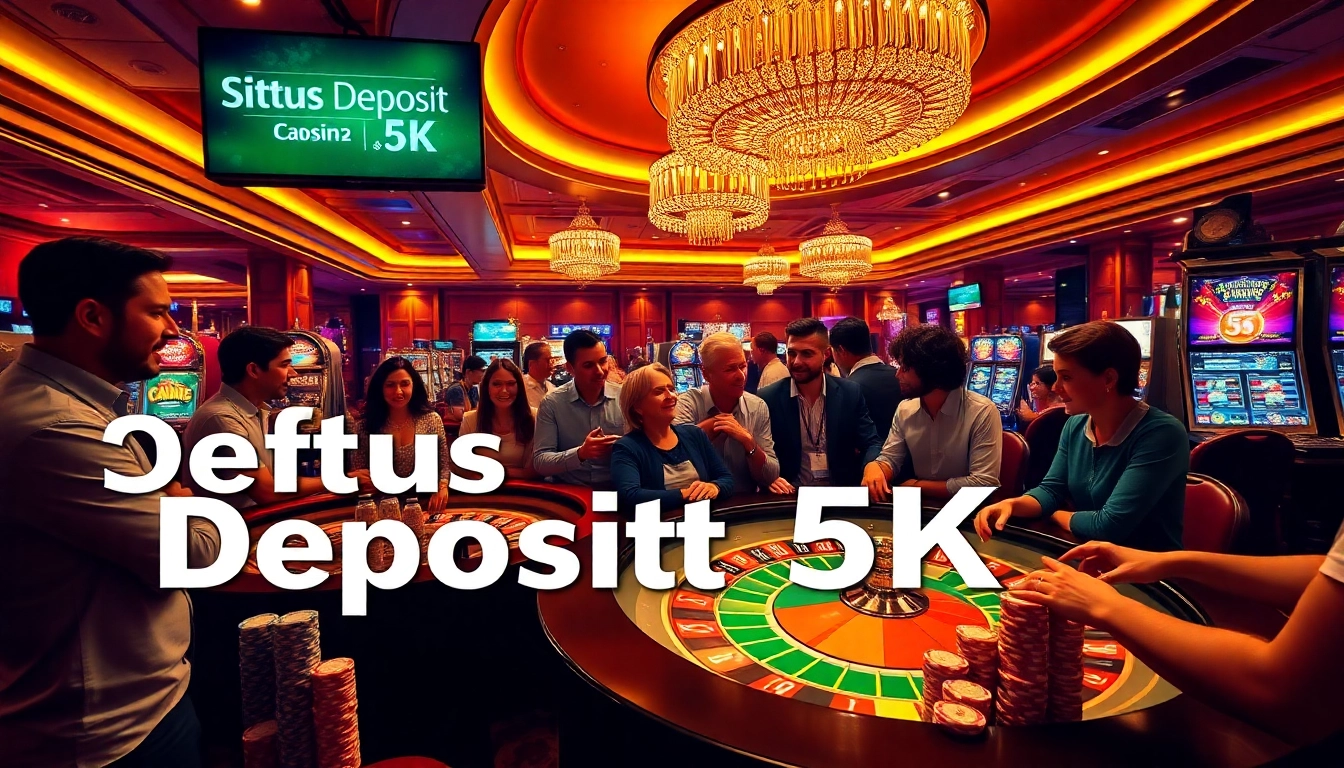 Adegan yang menggambarkan situs deposit 5K dengan pemain antusias di meja roulette dan mesin slot.
