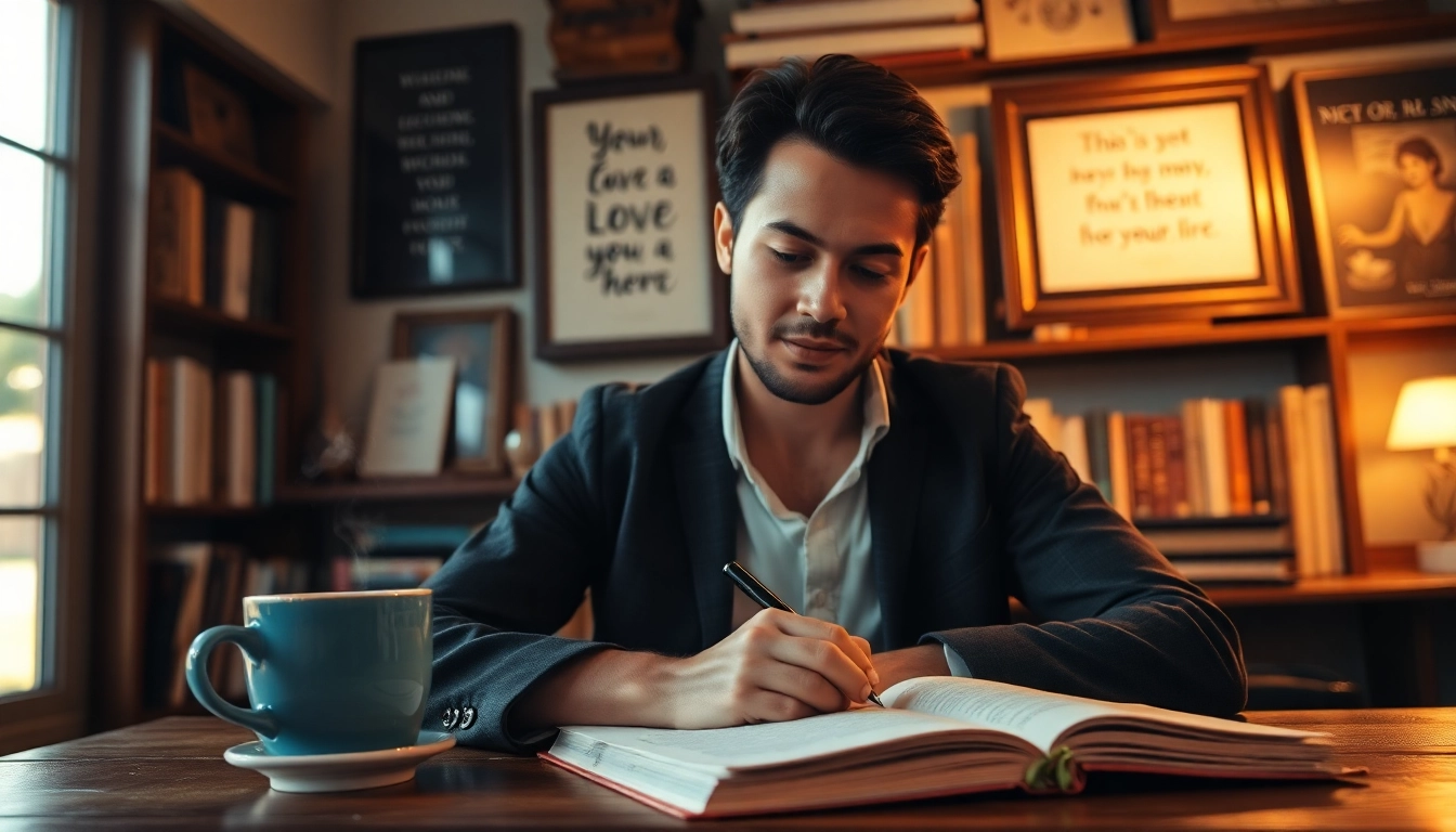 Author writing a motivational memoir in a cozy setting, surrounded by inspiration.