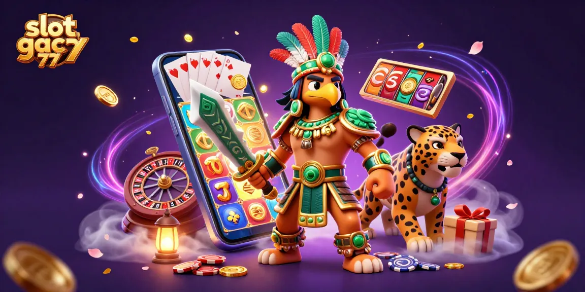 Taruhan slot gacor 777 dengan para pahlawan Aztec dan simbol permainan menggembirakan.