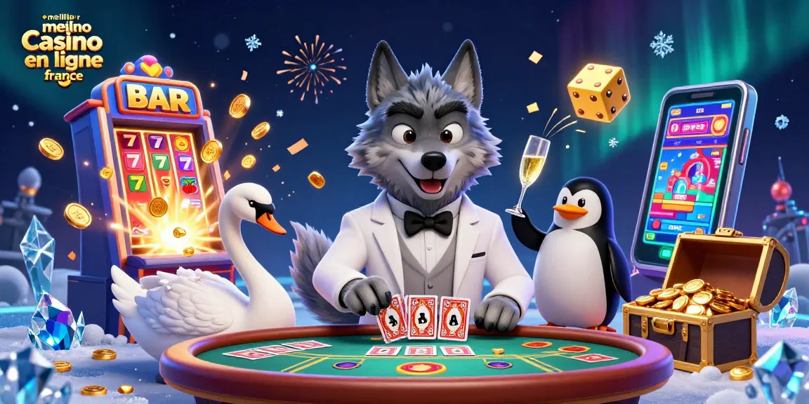 Le meilleur casino en ligne France avec une illustration dynamique de personnages de casino animés et des éléments de jeu colorés.