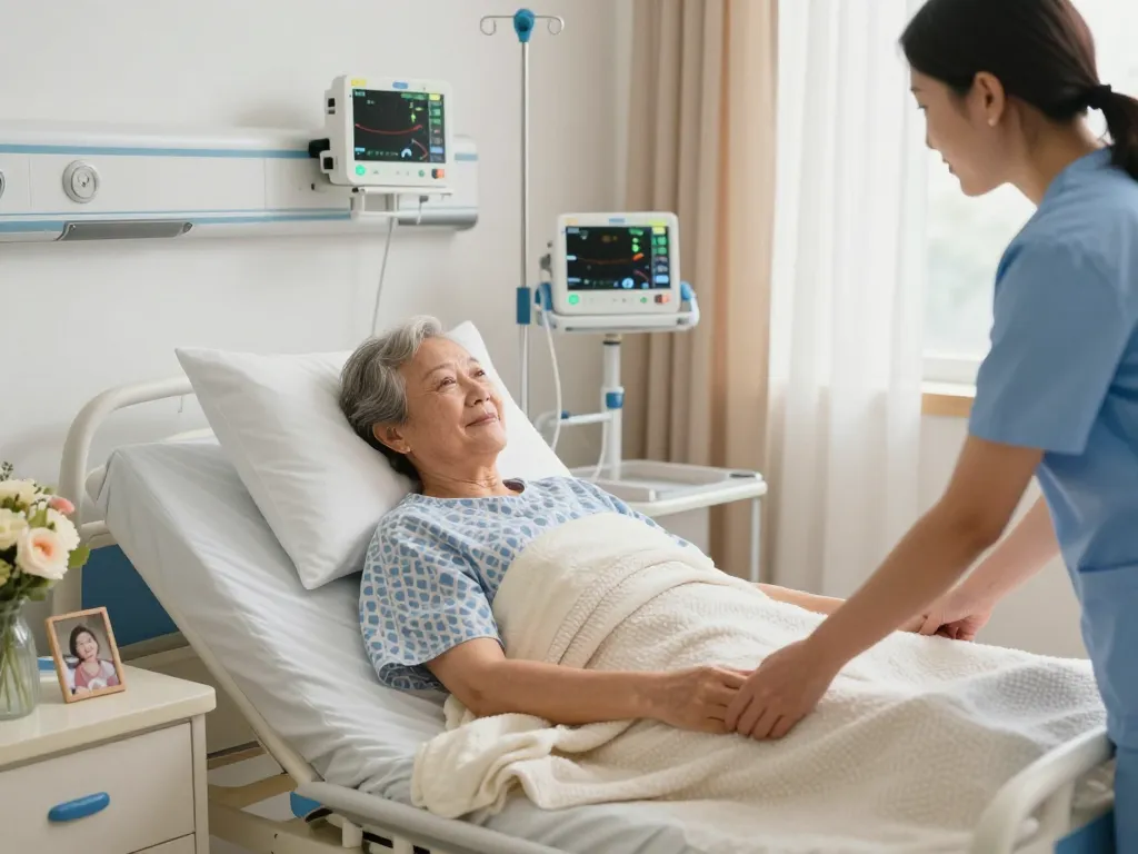 Patient adjusting giường bệnh nhân for comfort with caregiver in a soothing hospital room.