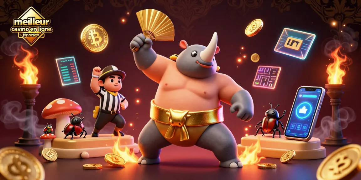 Illustration dynamique sur le meilleur casino en ligne France avec un scarabée sumo champion et effets crypto