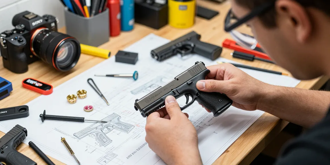 Expertly assembling a Glock slide at https://precisionglockslides.com in a vibrant workshop.