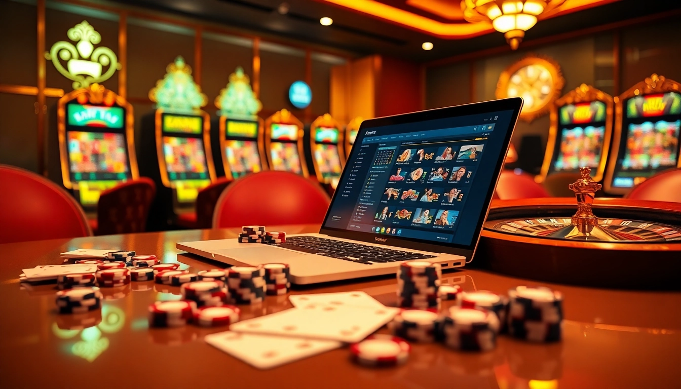 Joueurs engagés au casino en ligne France avec des jetons de poker et des cartes dans une atmosphère de casino en ligne.
