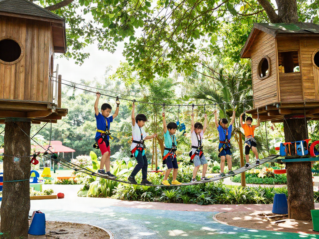Kids crossing a rope bridge between treehouses, showcasing safe outdoor play and adventure in a vibrant garden setting