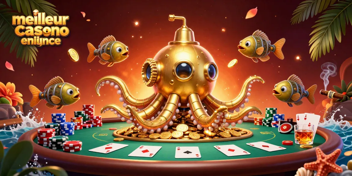 Illustration vibrante du meilleur casino en ligne en France, mettant en scène un kraken doré et des poissons mécaniques dans un décor dynamique.
