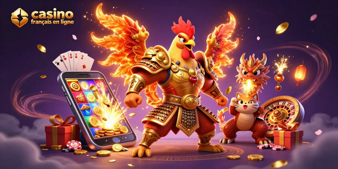 Les jeux de casino français en ligne s'animent dans une illustration 3D captivante avec un guerrier et un dragon.