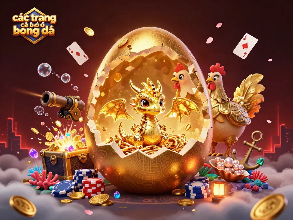 Các trang cá độ bóng đá trong một cảnh 3D sinh động với trứng vàng, rồng vàng và các yếu tố cá cược khác