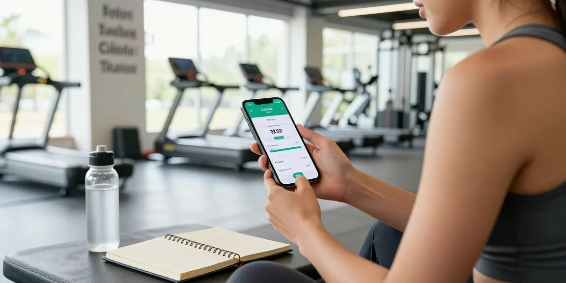 Engaged user analyzing the best calorie tracker app in a bright gym, highlighting fitness and nutrition.