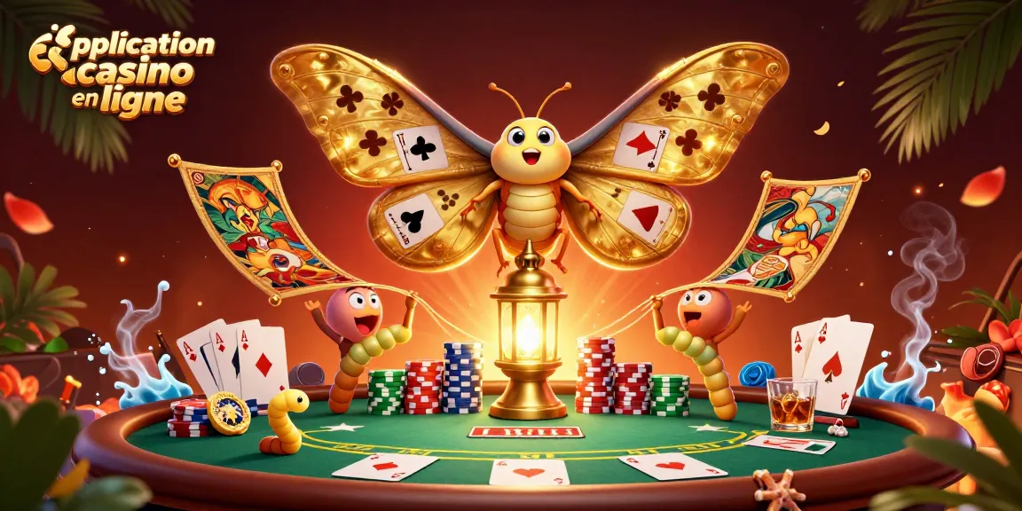 Illustration dynamique de l'application casino en ligne avec un papillon et des éléments de poker.