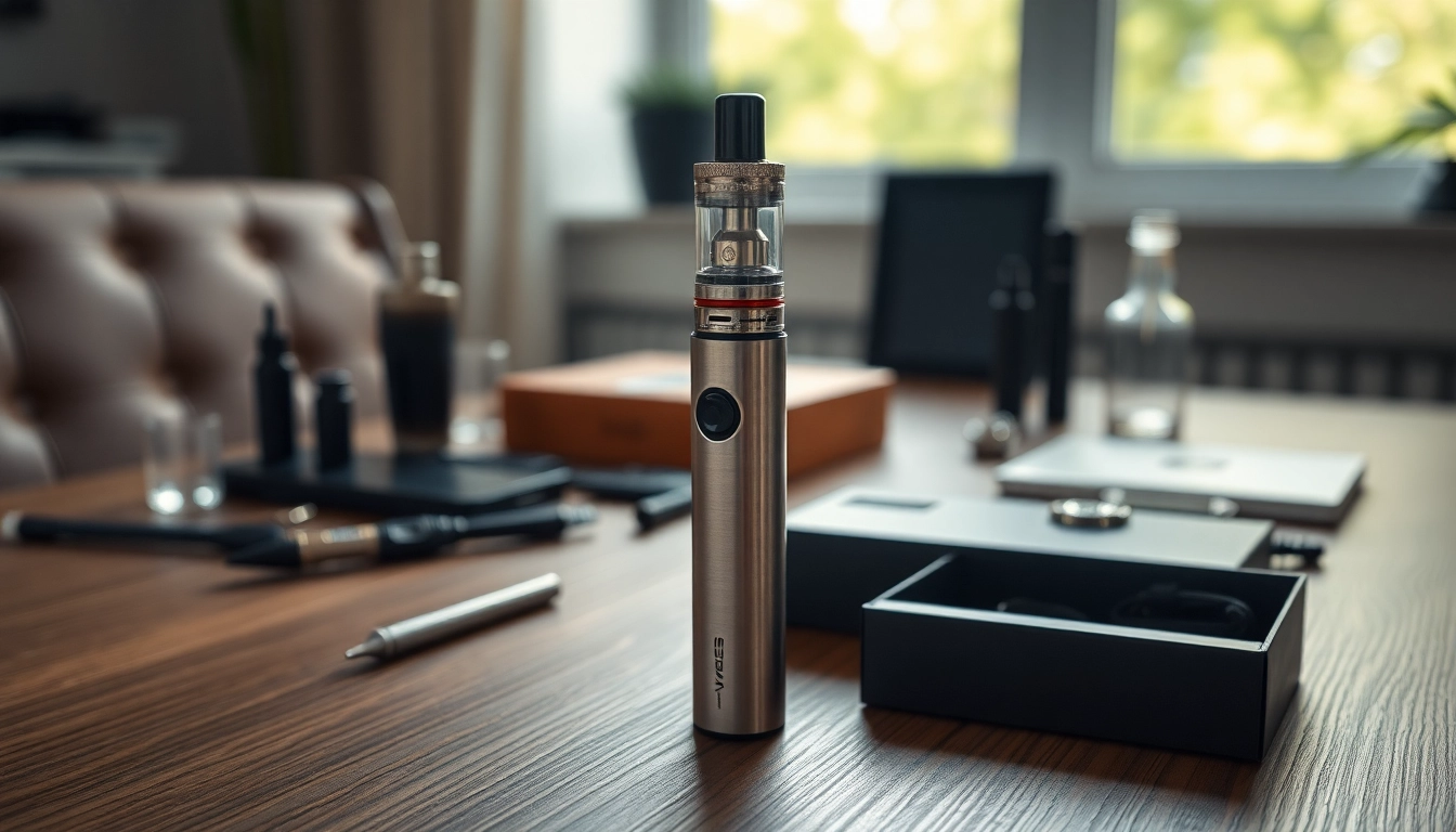 Showcase a Vape Pen with stylish design and accessories on a wooden table.