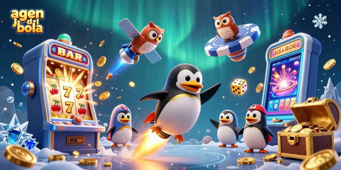 Experience thrilling agen judi bola action with an animated scene featuring a golden penguin and jackpot bursts.