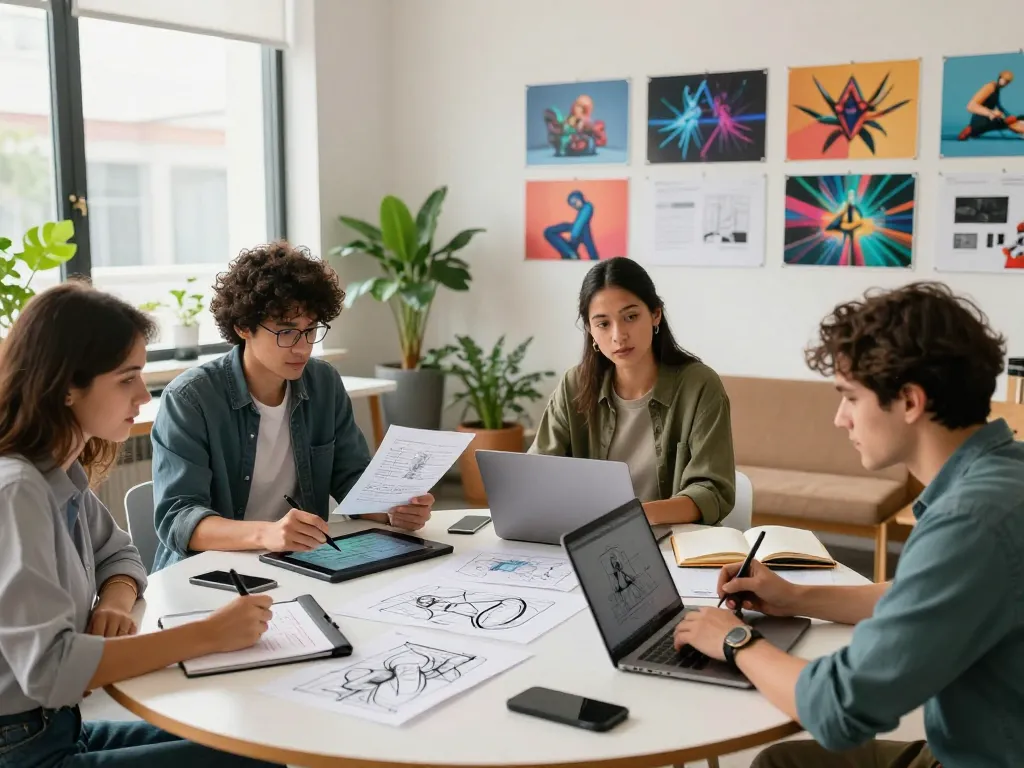 Team collaborating creatively using image to prompt ai in a modern design studio