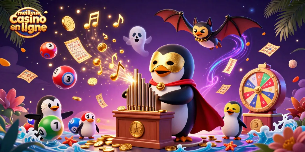 Découvrez le meilleur casino en ligne avec un pingouin fantôme jouant de l'orgue, entouré d'éléments de loterie.
