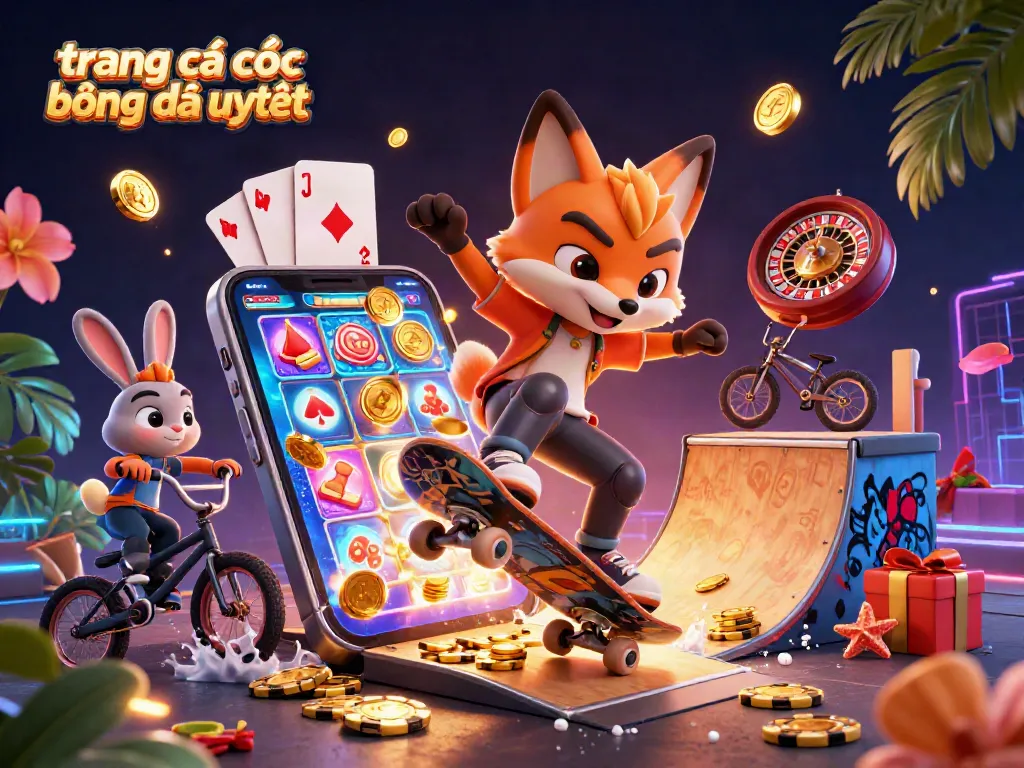 Các trang cá cược bóng đá uy tín với chú cáo trượt ván đang thực hiện một cú kickflip trên ramp làm từ chip poker vàng.