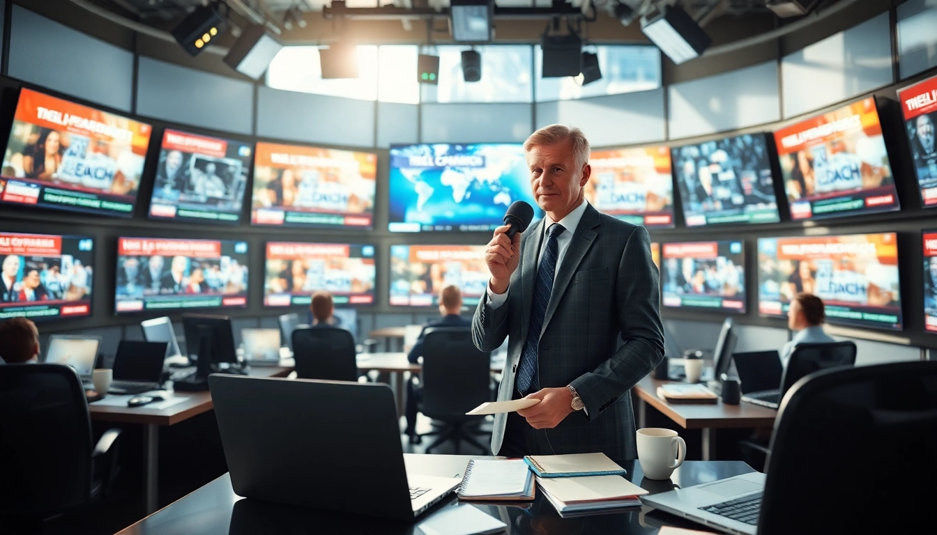 Covering news in a bustling newsroom with digital displays and a focused atmosphere.