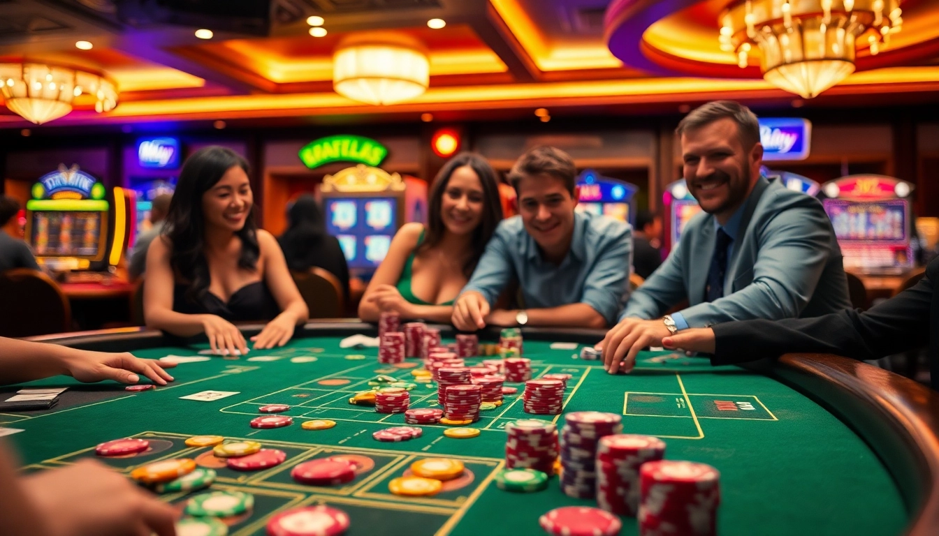 Slot77 permainan kasino yang penuh warna dan energi dengan pemain yang bersemangat.