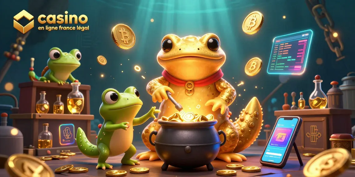 Profitez du casino en ligne légal en France avec une illustration dynamique d'un alchimiste doré et de ses assistants.
