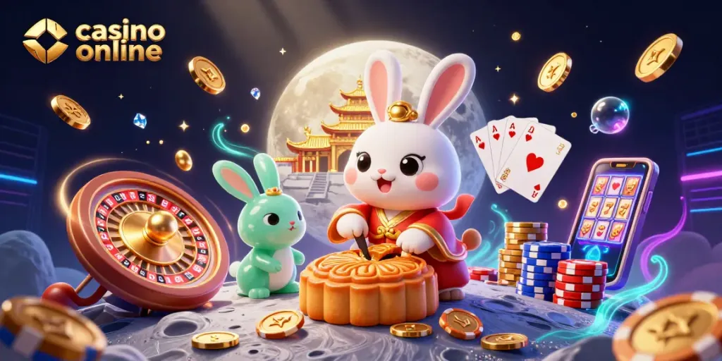 Scopri il mondo dei casinò online con un coniglio lunare, simbolo di fortuna, tra gettoni e giochi.