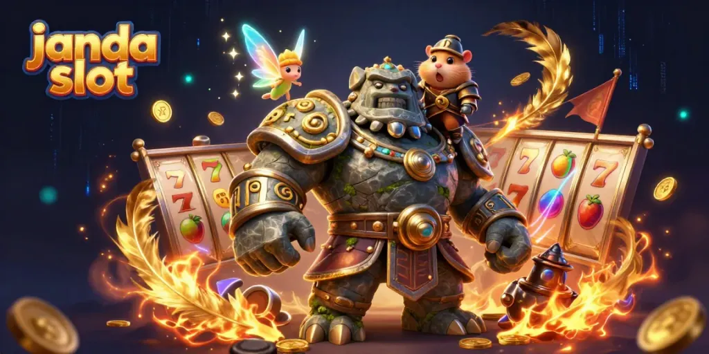 Permainan janda slot yang megah dengan penampilan golem dan teman-temannya, berkilau di tengah koin emas.