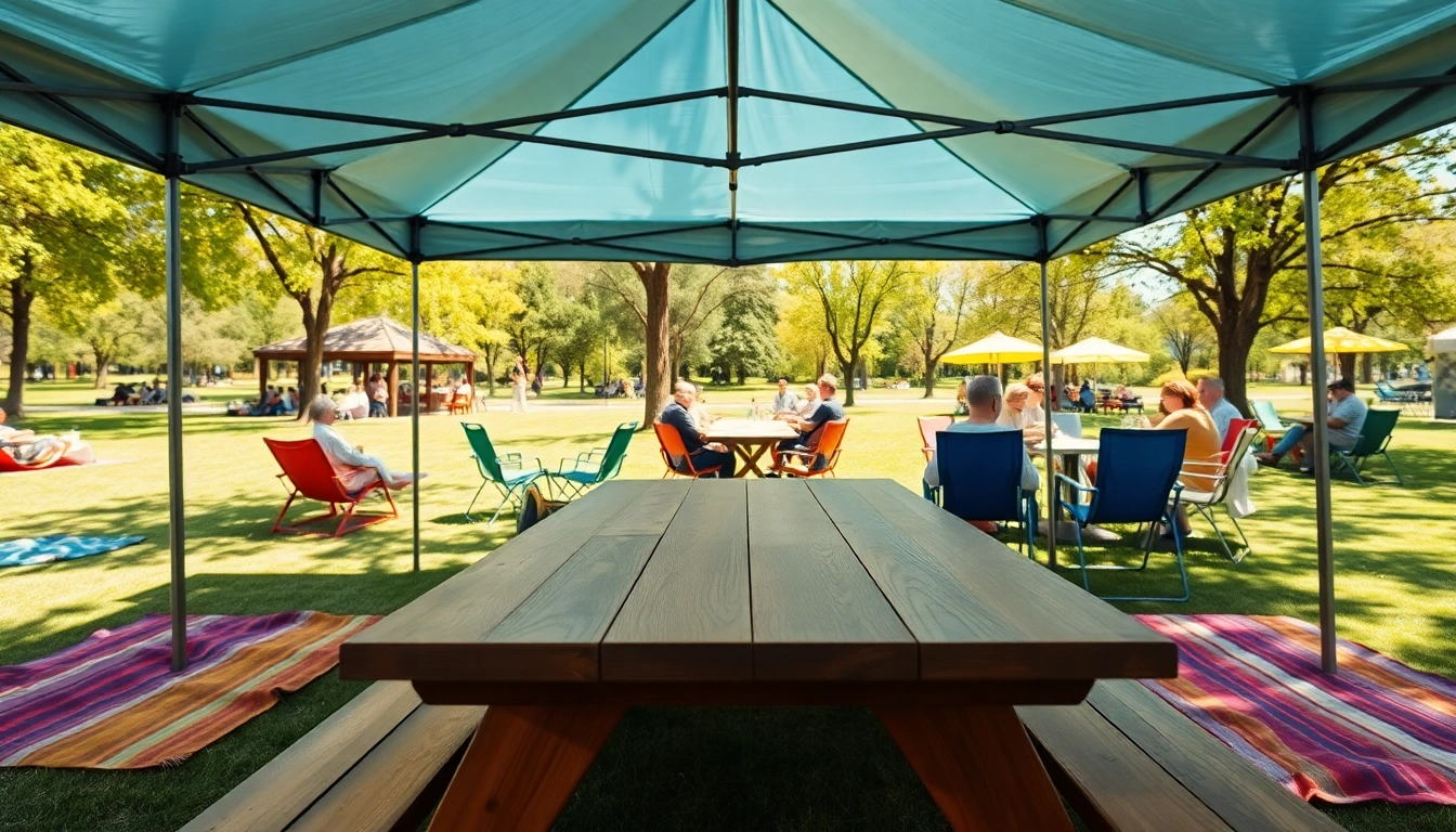 Guests enjoying shade under a pop up canopy at an outdoor event, providing comfort and protection.