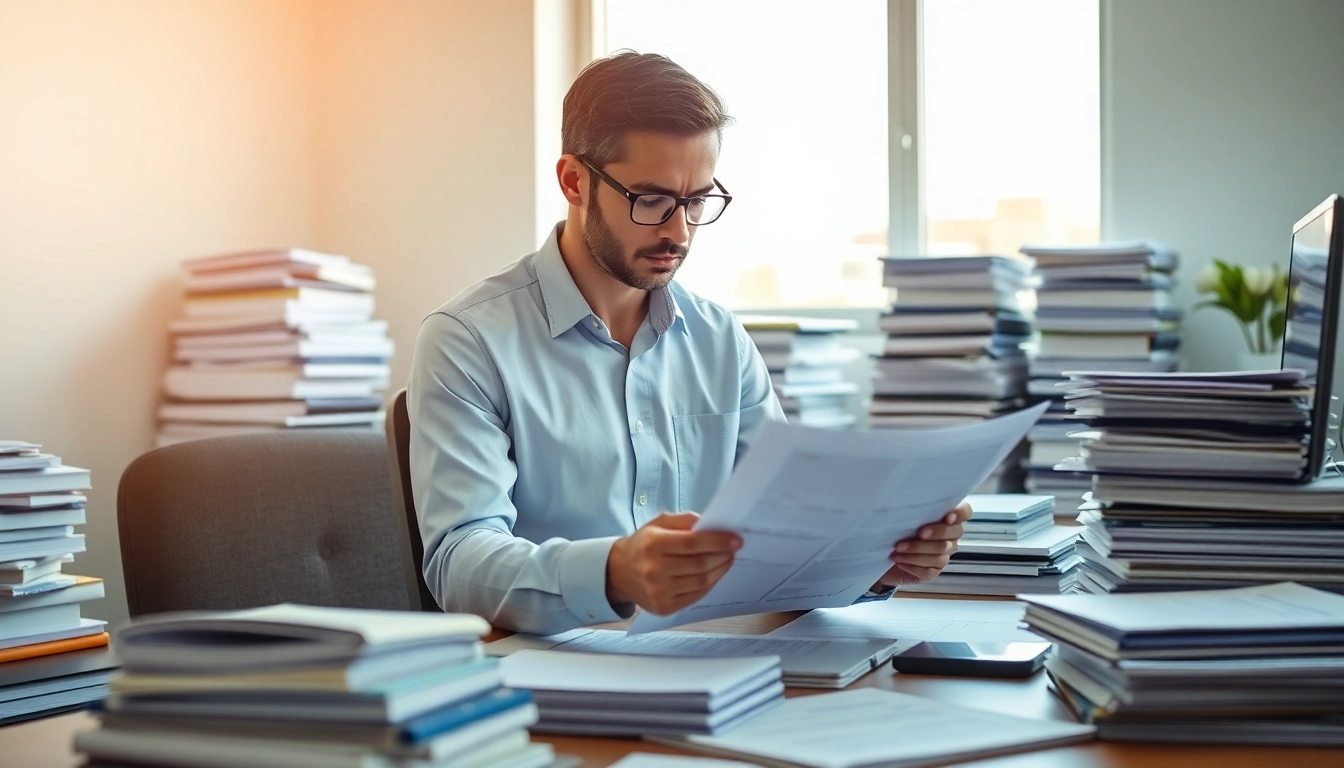 Consultant evaluating FCPA/DCAA/Flowdown/ITAR/EAR compliance documents in a professional office.